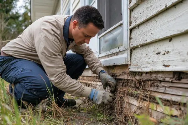 A homeowner inspects the exterior foundation of an older North Carolina home. Wildlife pest exclusion means securing entry points from your home to keep unwanted pests out for good.